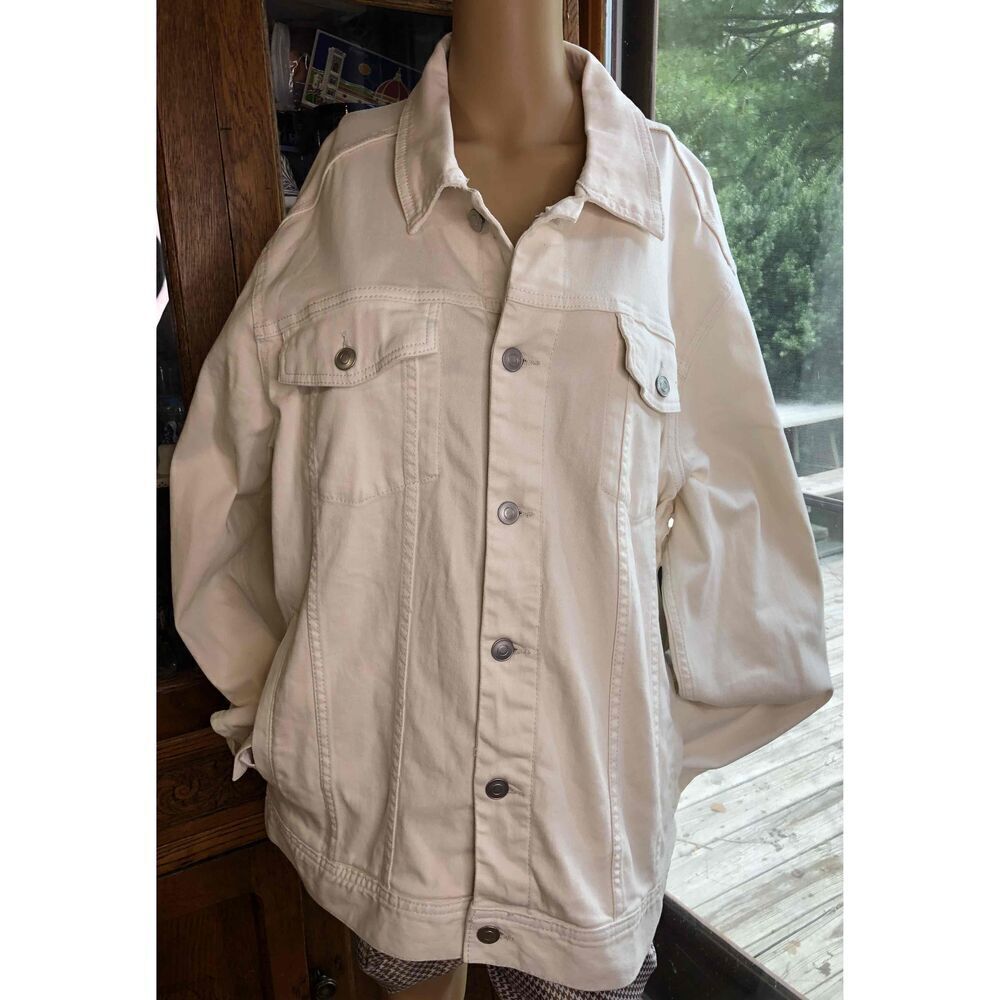 NWT George White Denim Jean Jacket Button Up Collared Chest Pockets